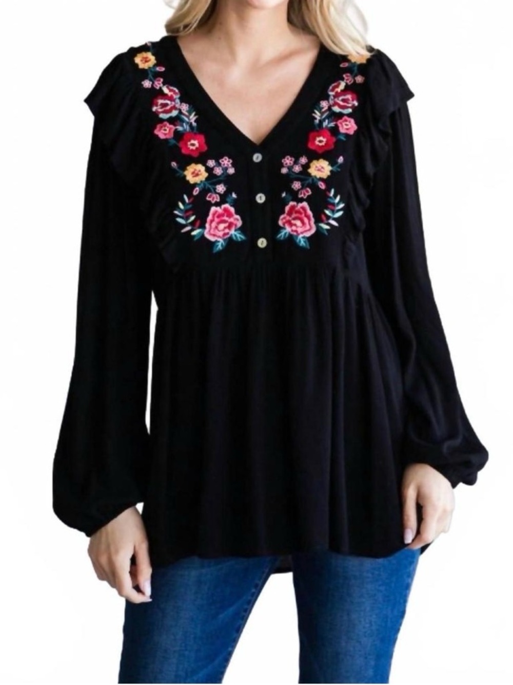 Jodifl Black Embroidered Floral Blouse Boho Ruffle Peplum Long Sleeve Size M